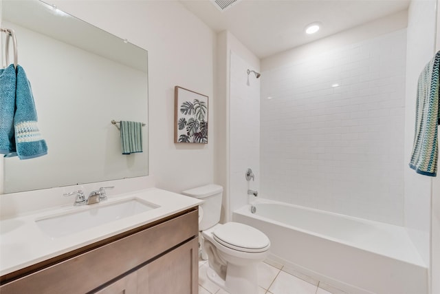 full bathroom with tile patterned floors, visible vents, toilet, bathtub / shower combination, and vanity