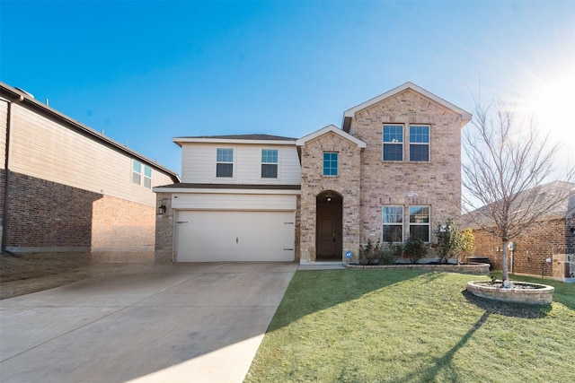 traditional-style home featuring a garage, brick siding, concrete driveway, and a front lawn