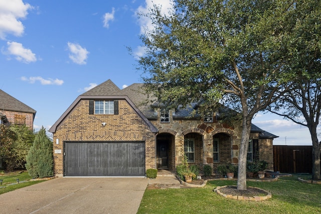 view of front of property featuring a front lawn and a garage