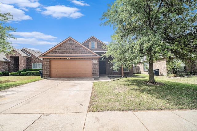 view of front of property with brick siding, a front yard, an attached garage, and concrete driveway
