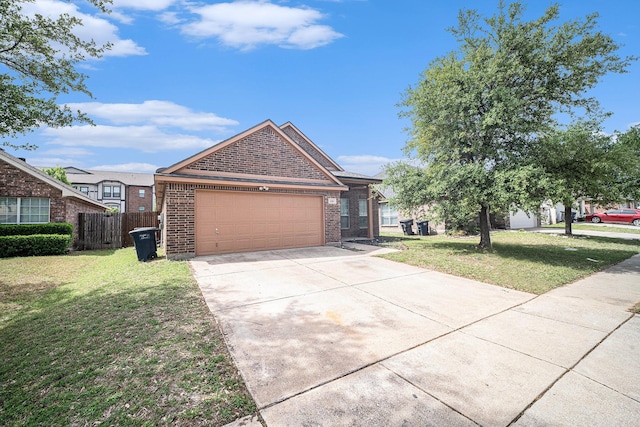 ranch-style home with concrete driveway, brick siding, an attached garage, and a front lawn