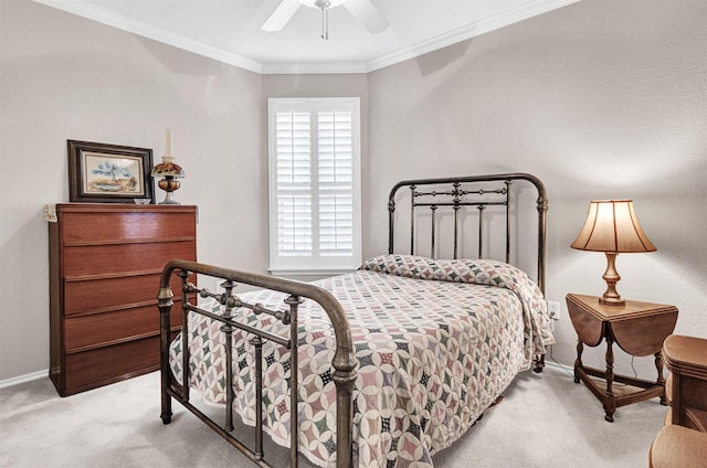 bedroom featuring ceiling fan, ornamental molding, and light carpet