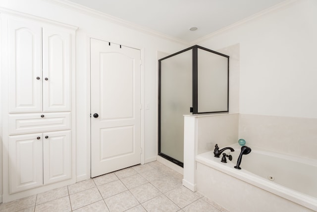 bathroom with plus walk in shower, ornamental molding, and tile patterned flooring