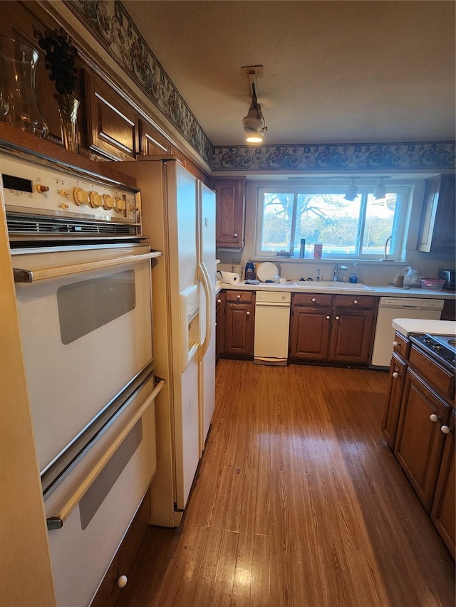 kitchen featuring hardwood / wood-style flooring, white appliances, and sink