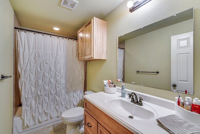 full bathroom with toilet, tile patterned floors, vanity, and shower / bathtub combination with curtain