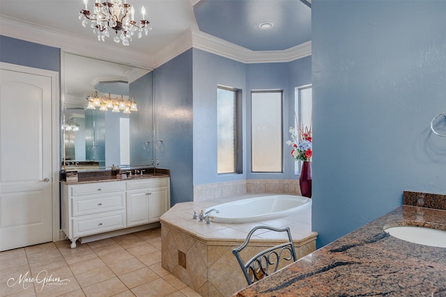 bathroom featuring vanity, tile patterned flooring, a relaxing tiled tub, and ornamental molding