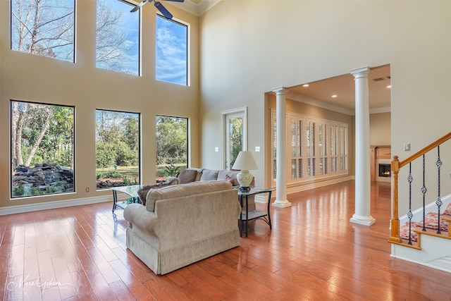 living room with decorative columns, a high ceiling, light hardwood / wood-style flooring, and crown molding