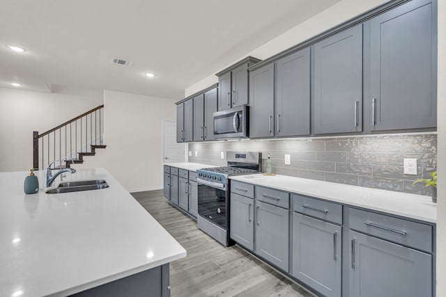 kitchen featuring gray cabinets, appliances with stainless steel finishes, backsplash, and sink