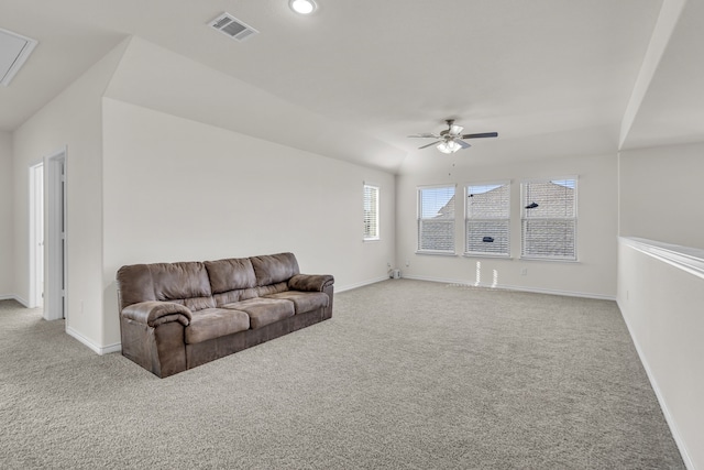 carpeted living room featuring ceiling fan