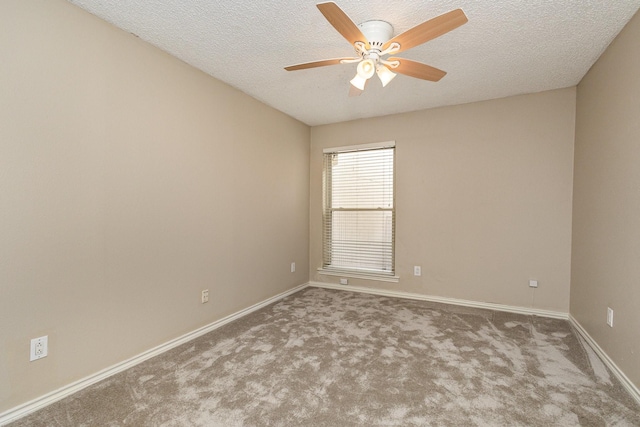 unfurnished room featuring a textured ceiling, ceiling fan, carpet, and baseboards