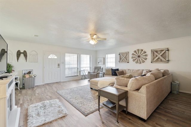 living room featuring hardwood / wood-style flooring, ceiling fan, and a textured ceiling