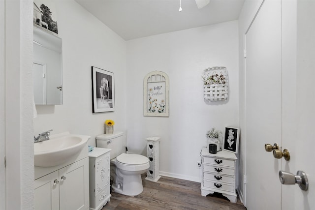 bathroom with vanity, hardwood / wood-style floors, and toilet