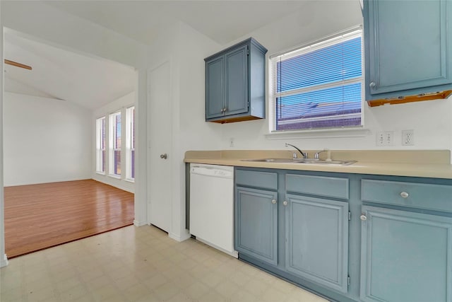 kitchen featuring lofted ceiling, sink, blue cabinetry, and dishwasher