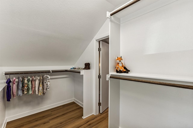 spacious closet with lofted ceiling and dark hardwood / wood-style floors