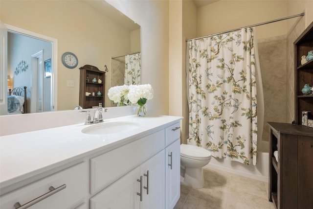 full bathroom with toilet, vanity, tile patterned floors, and shower / bathtub combination with curtain