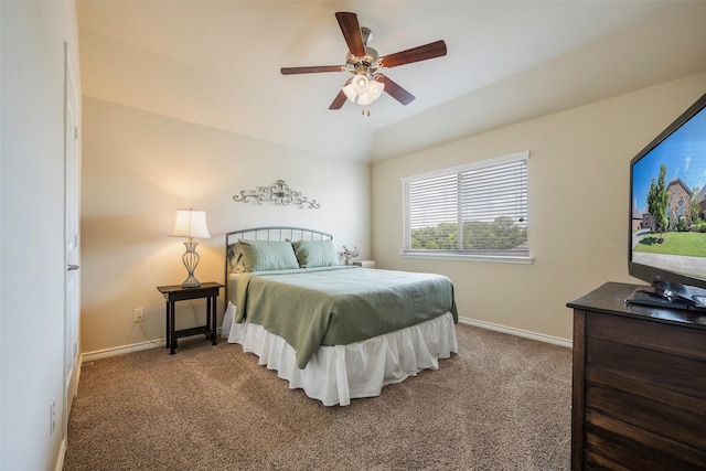 bedroom featuring ceiling fan, lofted ceiling, and carpet floors