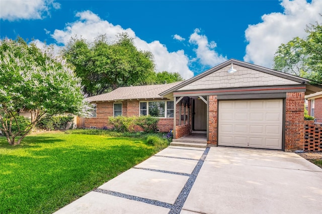 single story home with a garage and a front lawn