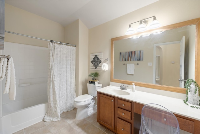 full bathroom with toilet, vanity, tile patterned floors, and shower / bath combination with curtain