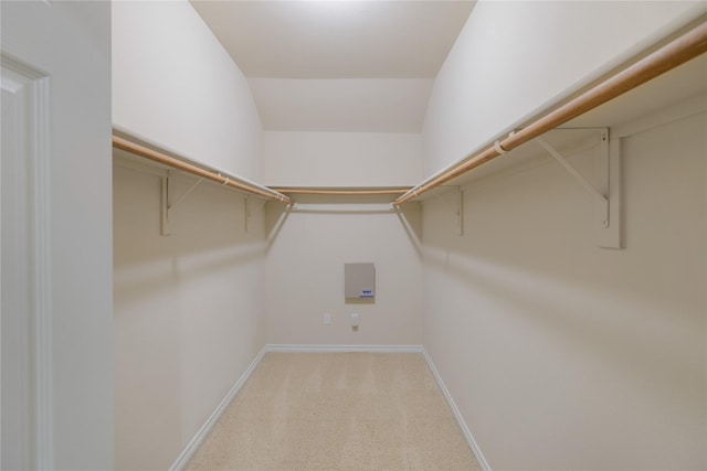 spacious closet featuring vaulted ceiling and carpet floors