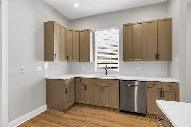 kitchen with decorative backsplash, sink, stainless steel dishwasher, and light wood-type flooring