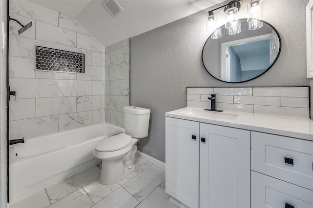 full bathroom with toilet, tiled shower / bath combo, vaulted ceiling, and vanity