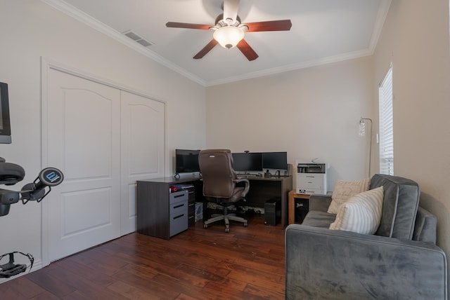 office with ceiling fan, dark hardwood / wood-style flooring, and ornamental molding