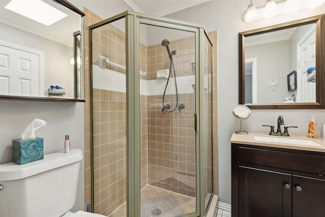 bathroom with toilet, walk in shower, and crown molding