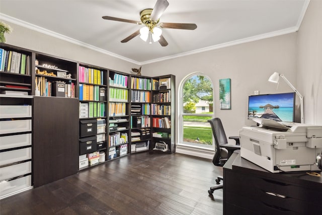 office space with ceiling fan, wood-type flooring, and ornamental molding