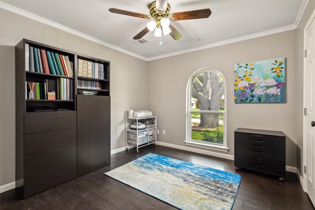 living area with ceiling fan, dark wood-type flooring, and crown molding