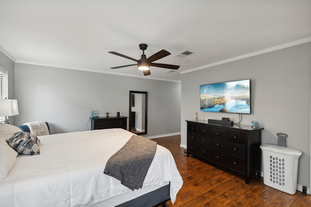 bedroom featuring ceiling fan, crown molding, and dark hardwood / wood-style floors