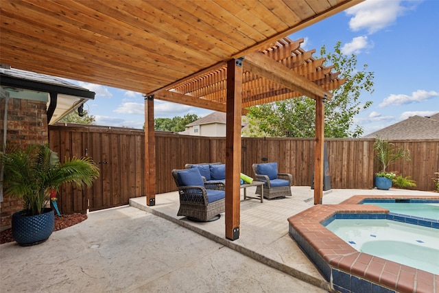 view of patio with a pergola, outdoor lounge area, and an in ground hot tub