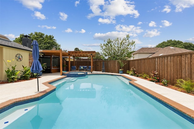 view of swimming pool with a pergola, a patio, and an in ground hot tub