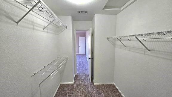 walk in closet featuring dark colored carpet