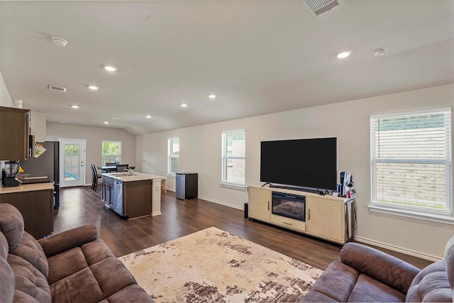 living room with dark wood-type flooring, lofted ceiling, and sink