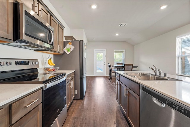 kitchen with vaulted ceiling, dark hardwood / wood-style flooring, sink, and stainless steel appliances