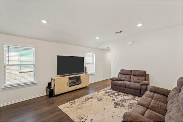 living room featuring dark wood-type flooring