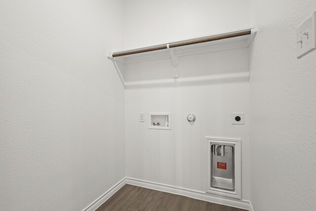 5041 Wellborn Rd, Fort Worth, TX 76036 - clothes washing area with gas dryer hookup, hookup for an electric dryer, dark wood-style flooring, hookup for a washing machine, and baseboards