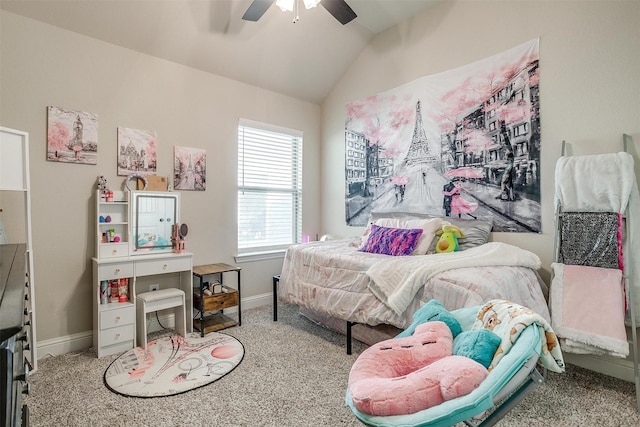 bedroom with vaulted ceiling, ceiling fan, and carpet floors