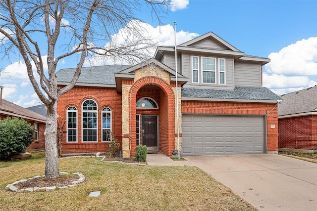 front facade with a garage and a front lawn