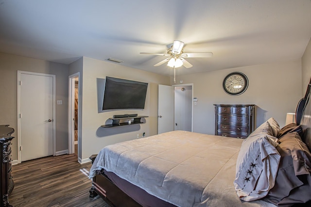 bedroom featuring ceiling fan and dark wood-type flooring