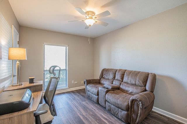 office with ceiling fan and dark hardwood / wood-style flooring