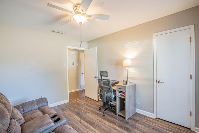 office area with ceiling fan and dark hardwood / wood-style floors