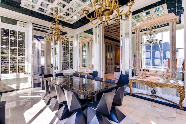 sunroom / solarium with coffered ceiling and a notable chandelier