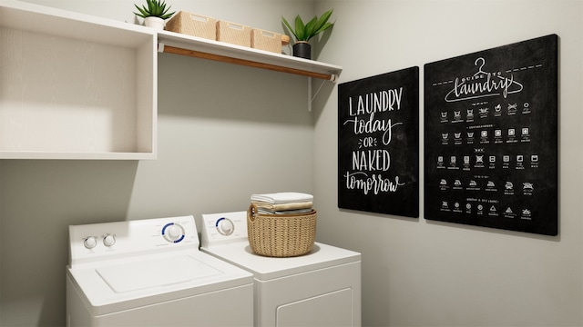 clothes washing area with washer and clothes dryer