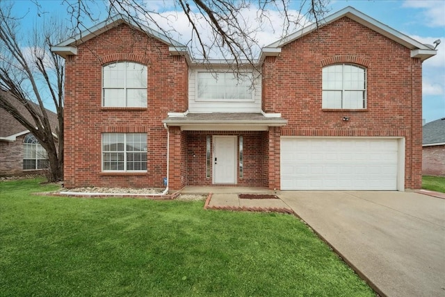 view of property featuring a garage and a front lawn