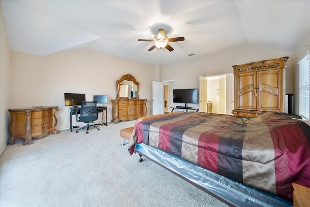 carpeted bedroom with lofted ceiling and ceiling fan