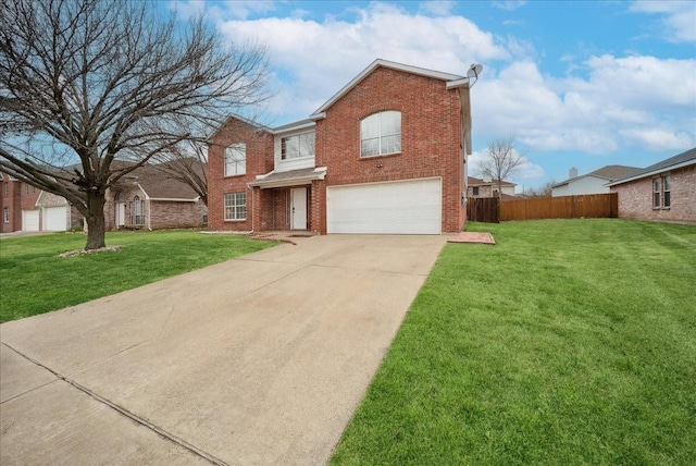 view of property with a garage and a front lawn