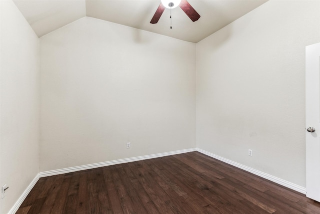 empty room featuring ceiling fan, lofted ceiling, and hardwood / wood-style flooring