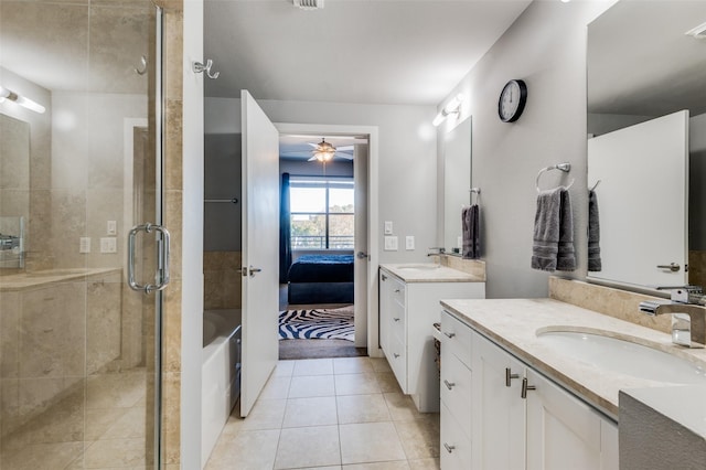 bathroom featuring ceiling fan, vanity, tile patterned floors, and shower with separate bathtub