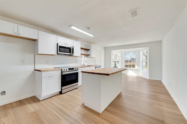 kitchen with appliances with stainless steel finishes, wooden counters, white cabinetry, decorative backsplash, and sink